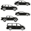 Cars icon set: sedan, suv, van, pickup, coupe, sport car. Side view. Vehicle silhouettes. Vector illustration Royalty Free Stock Photo